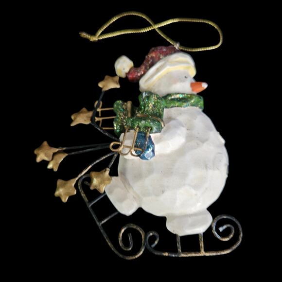 Vintage Snowman Christmas Ornament Resin Metal Stars Sled Hat Scarf Holiday Deco - Picture 1 of 2